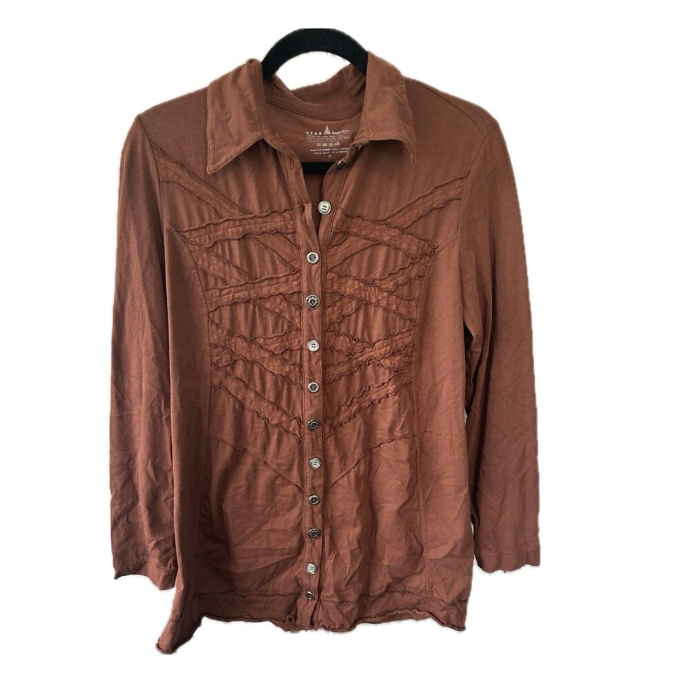 Neon Buddha Brown Ruffle Trim Novelty Media Metal Buttons A Line Tunic Top M